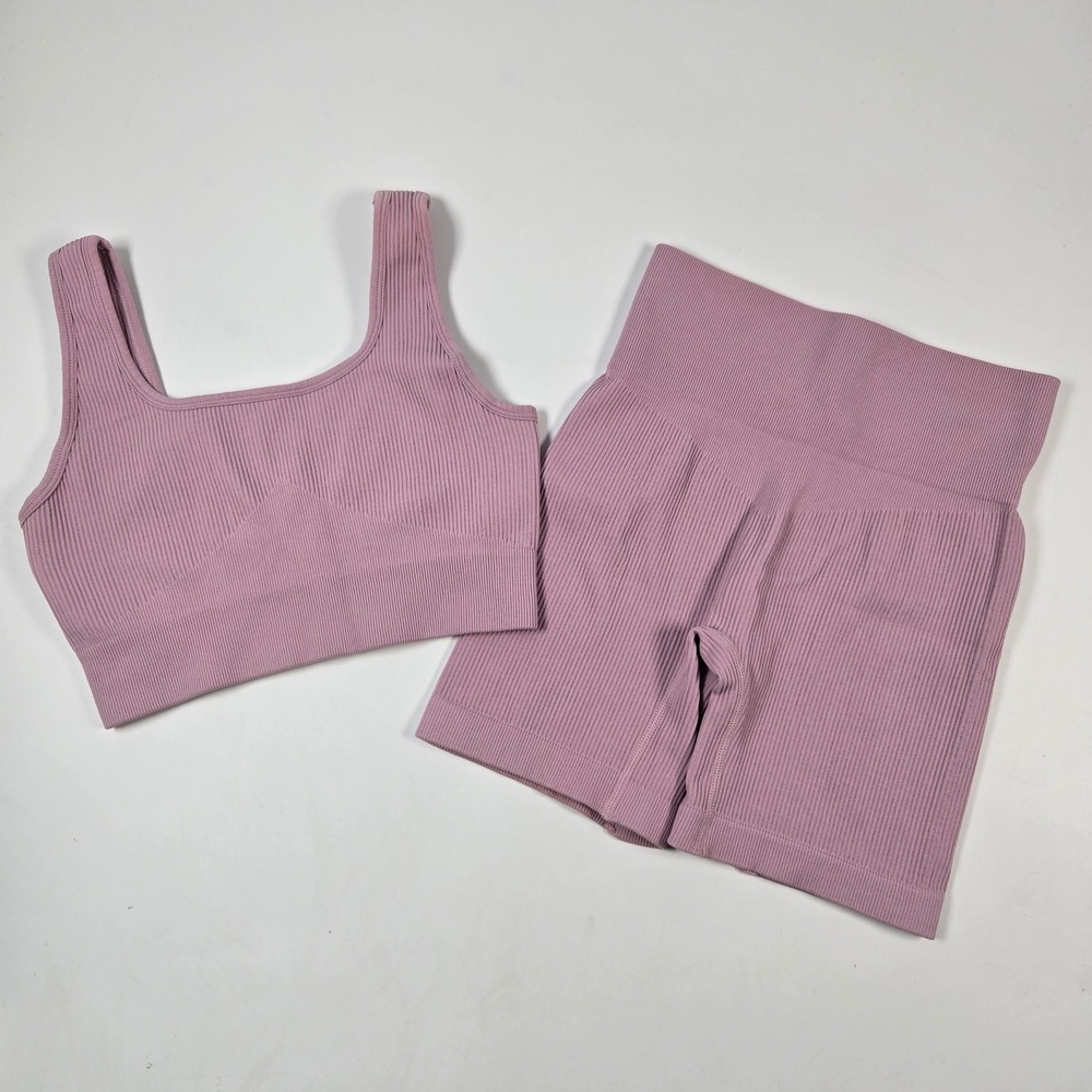 Ribbed Seamless Workout Set Women Small Mauve Yoga Biker Shorts Bra Bundle